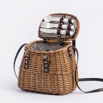 Long leather shoulder strap small custom storage container 2 persons weaving rattan wicker willow picnic hampers bag basket