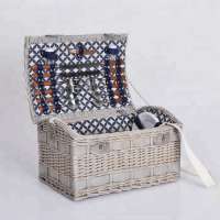 Fabric liners cheap handmade craft food cooler hampers blanket grey rattan wicker willow storage picnic basket set for 4 person