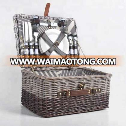 Handmade natural rattan wicker picnic basket set for 4 person